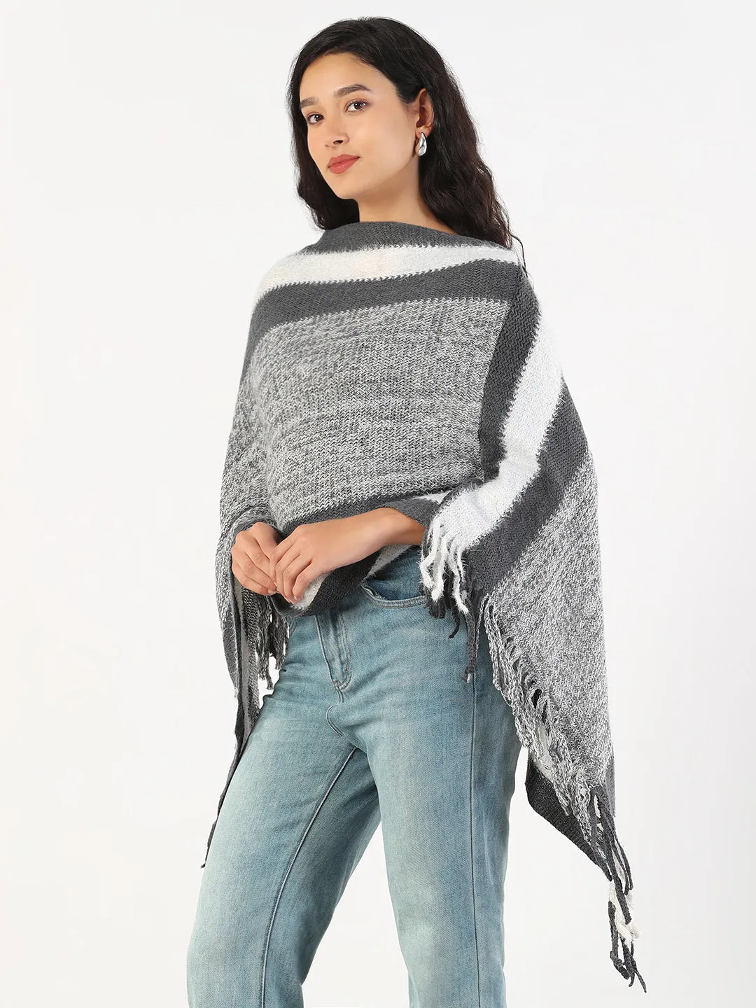 Women's V-Neck Striped Grey Poncho Work Outfit