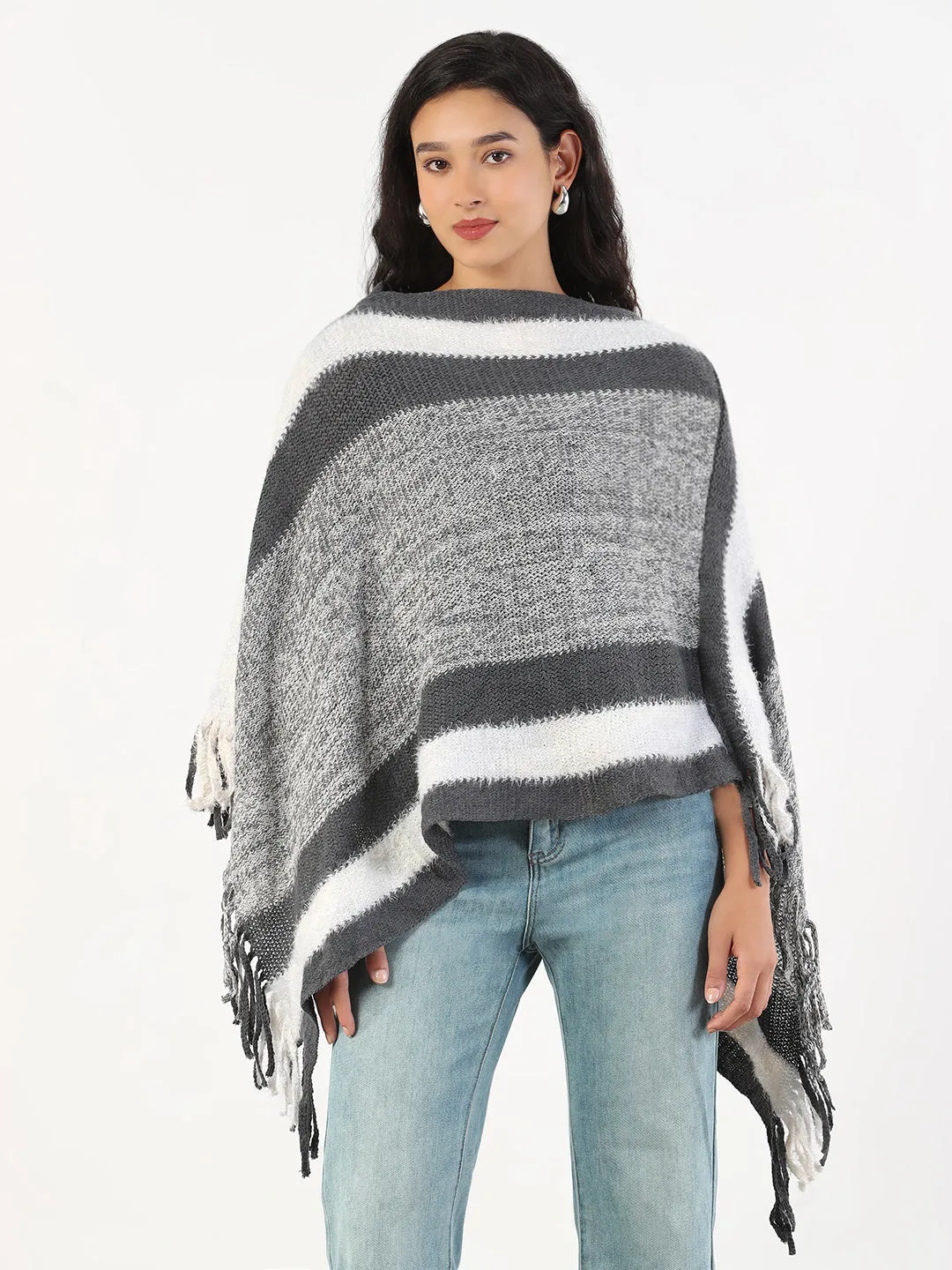 Perfect Layer Simple Outfit Women's V-Neck Striped Grey Poncho