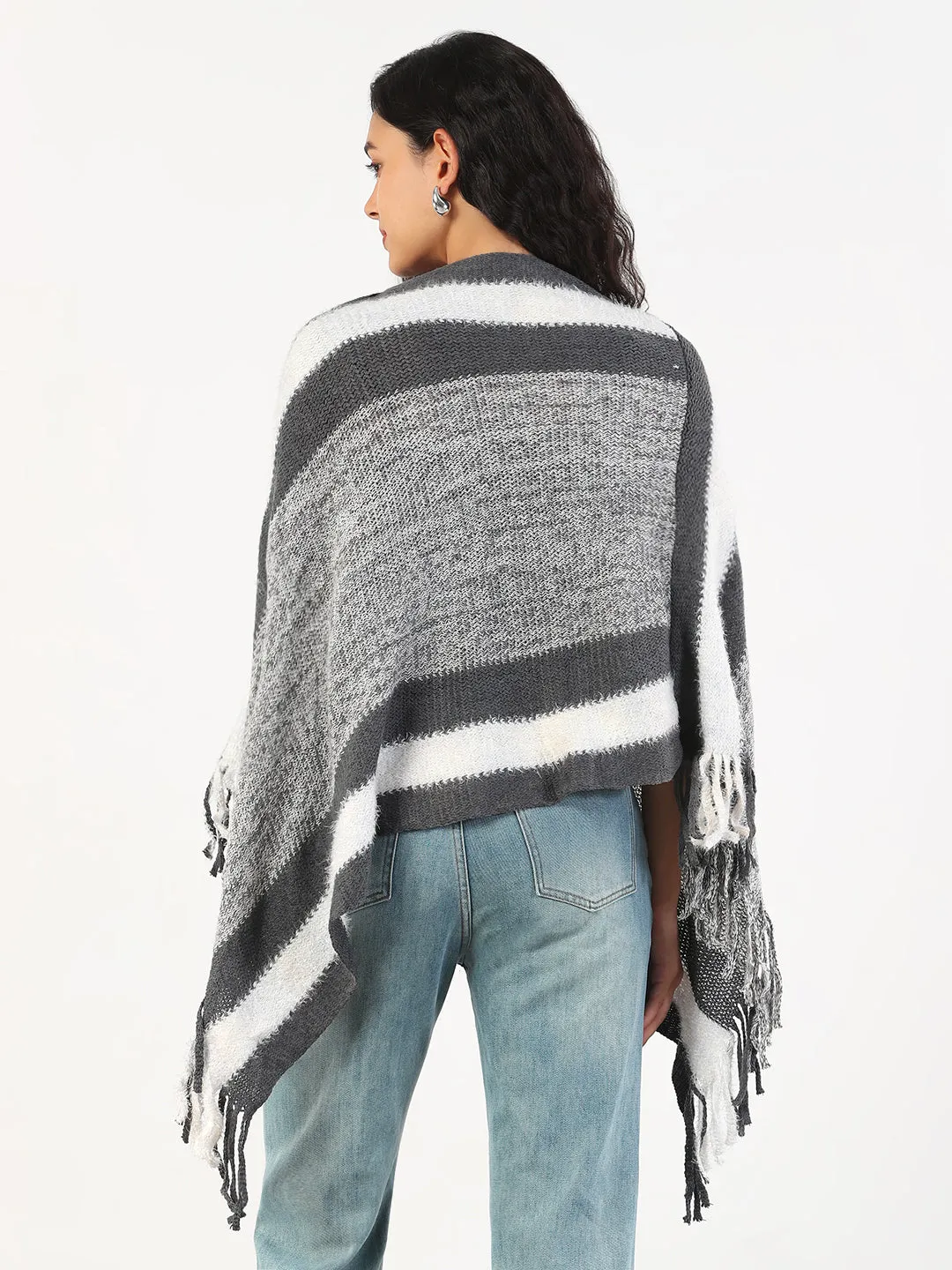 Women's V-Neck Striped Grey Poncho Shrink Resistant Treatment