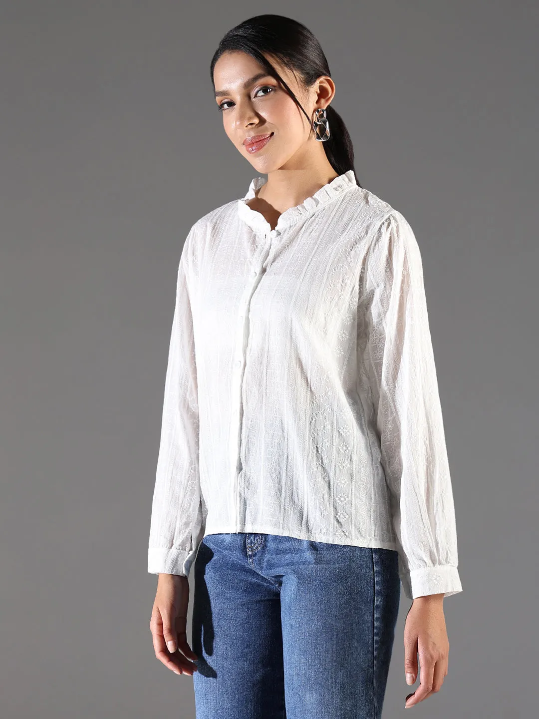 Women's White Comfort Fit Mandarin Collar Textured Cotton Casual Shirt Chilly Day Wear