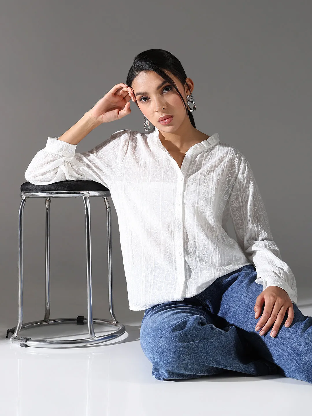 Women's White Comfort Fit Mandarin Collar Textured Cotton Casual Shirt EasyCare Fabric