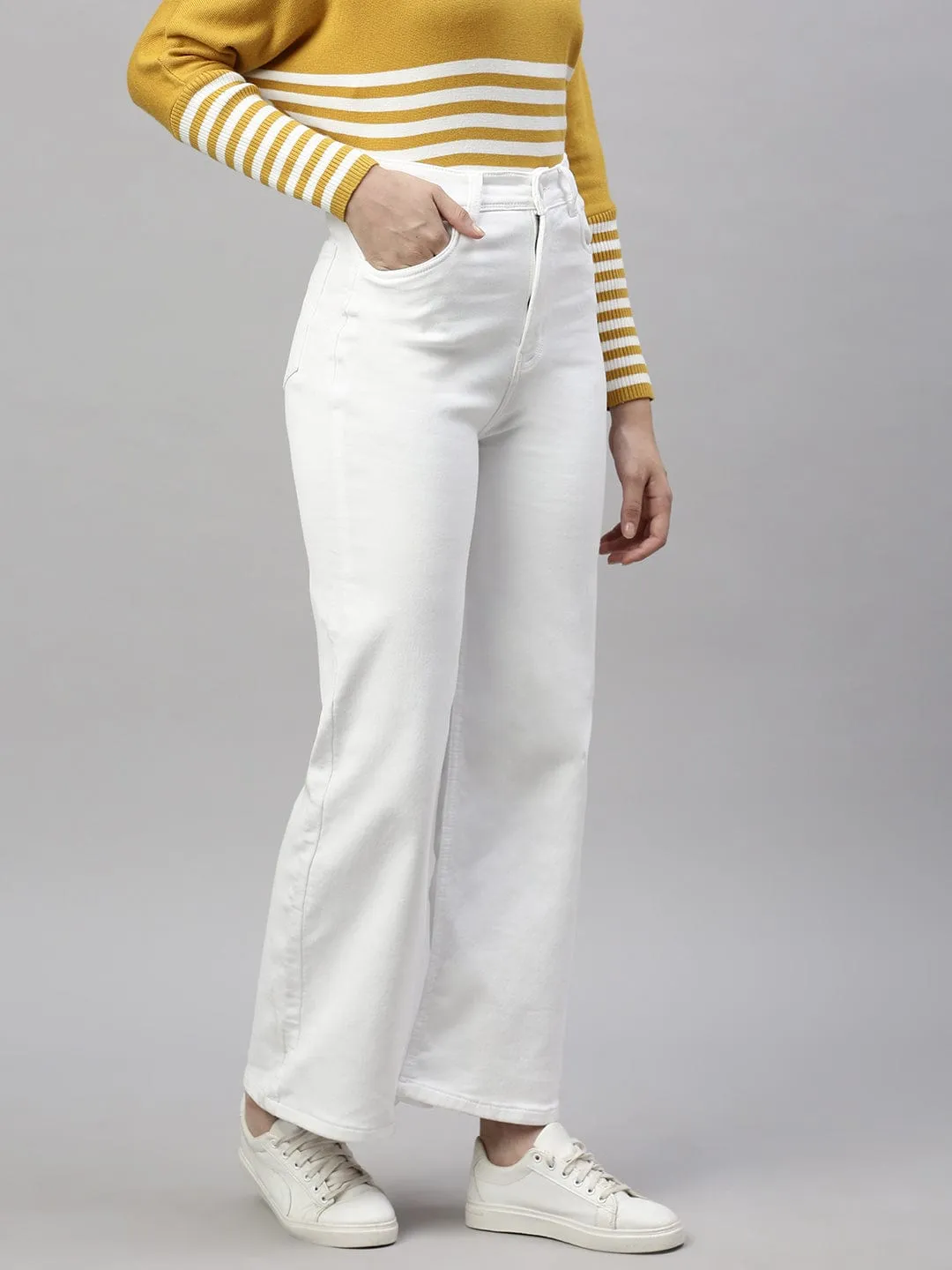 Women's White Comfort Wide Leg Stretchable Jeans Sharp Vibe