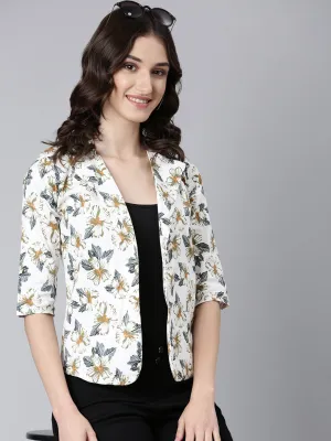 Thermal Insulated Jacket AntiStaticLayer Women's White Printed Cotton Slim Fit Single-Breasted Casual Blazer