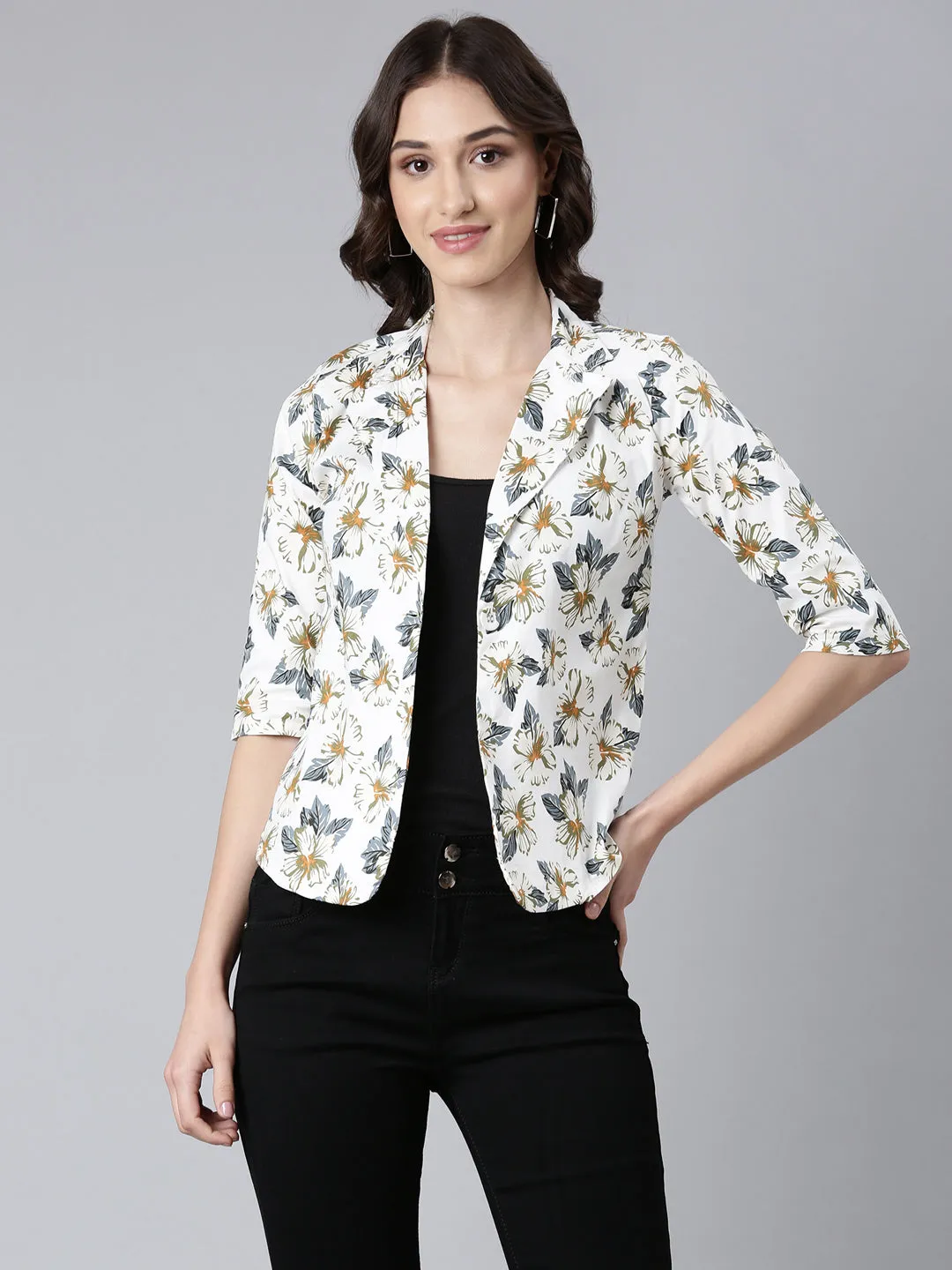 Ripstop Fabric Technology Women's White Printed Cotton Slim Fit Single-Breasted Casual Blazer