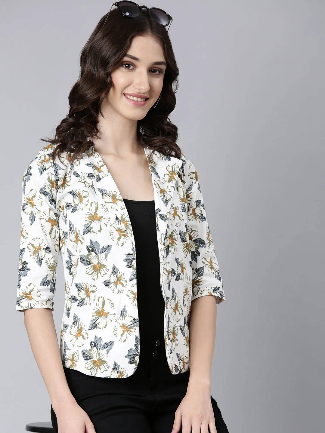 Thermal Insulated Jacket AntiStaticLayer Women's White Printed Cotton Slim Fit Single-Breasted Casual Blazer