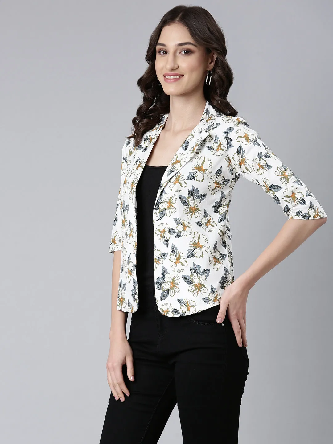 Quilted Stitching Pattern Thermal Lined Women's White Printed Cotton Slim Fit Single-Breasted Casual Blazer