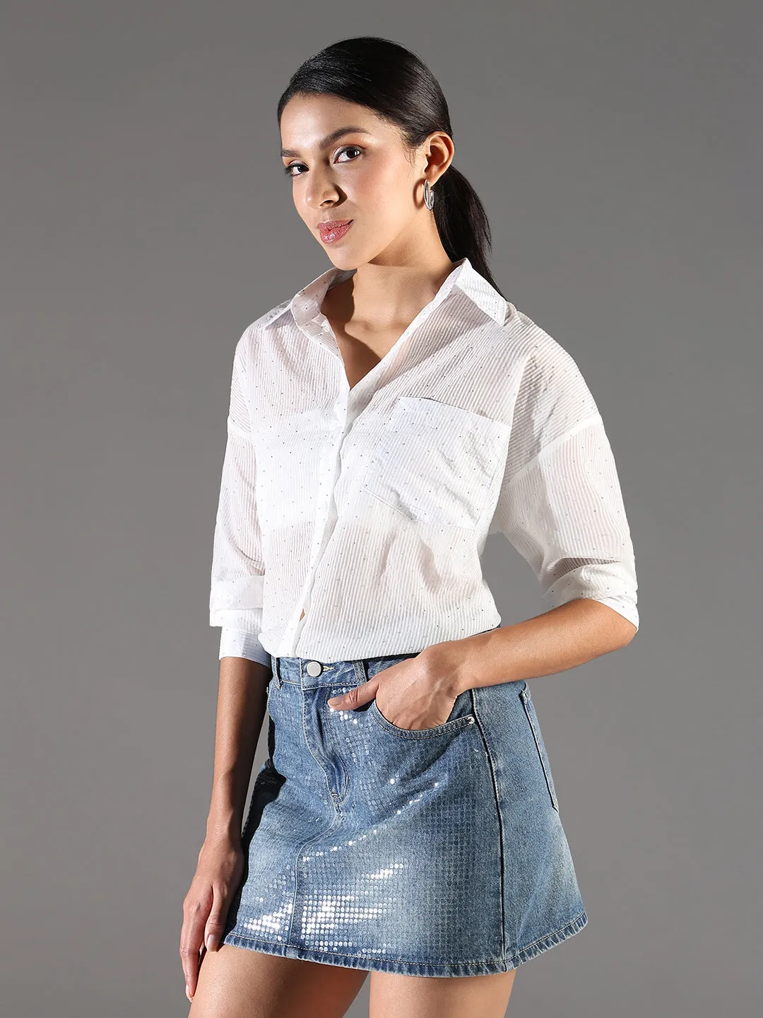 Women's White Striped Oversized Shirt Active Essentials Durable Stitching