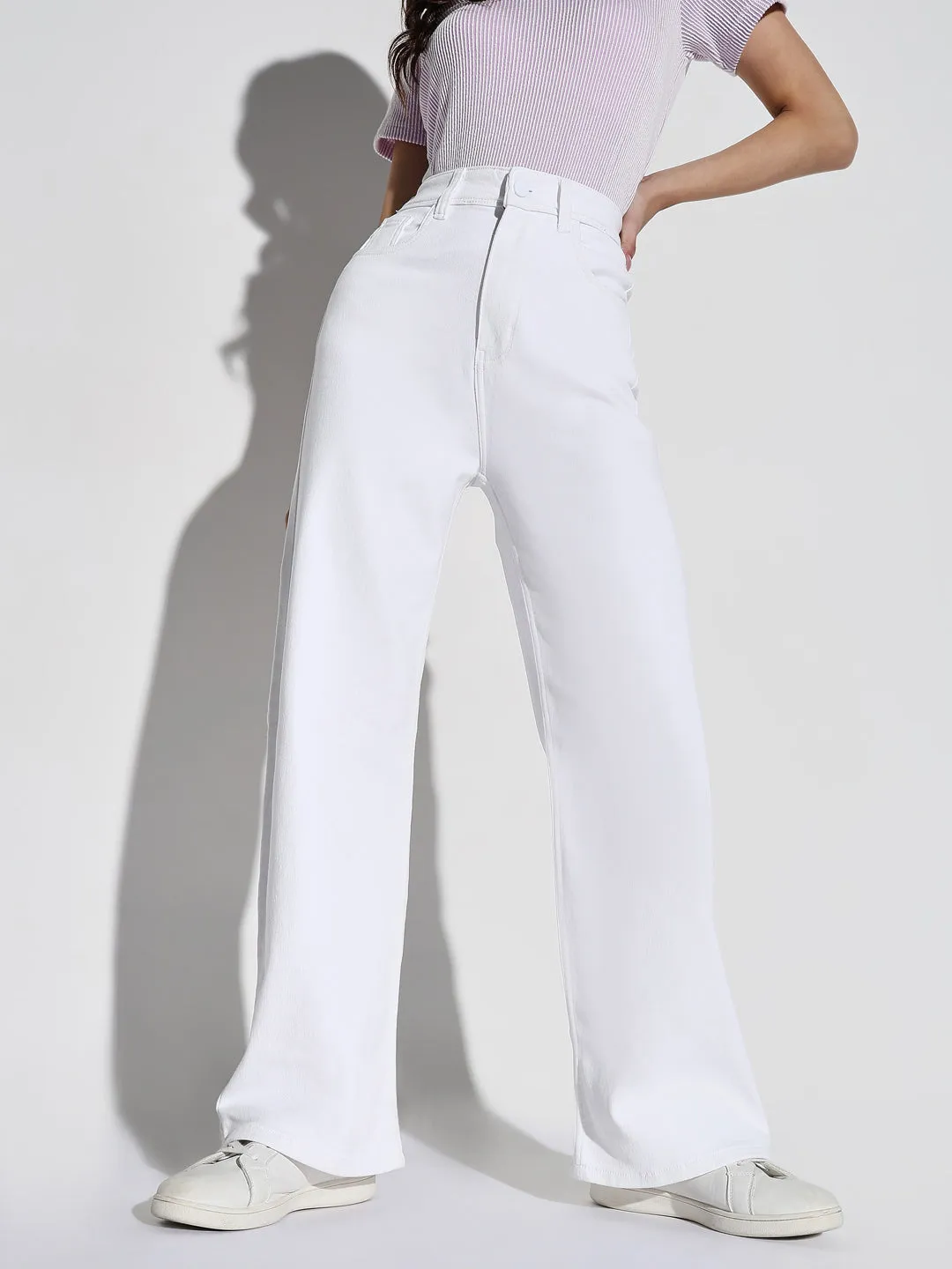 Women's White Wide Leg Casual Jeans Button Fly Closure Sporty Look