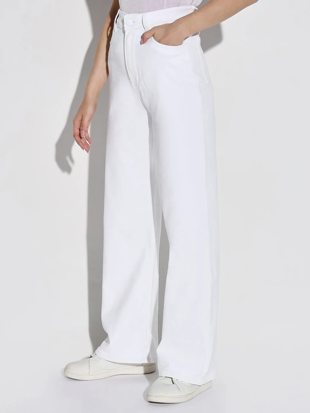 Cropped length Smart Utility Women's White Wide Leg Casual Jeans