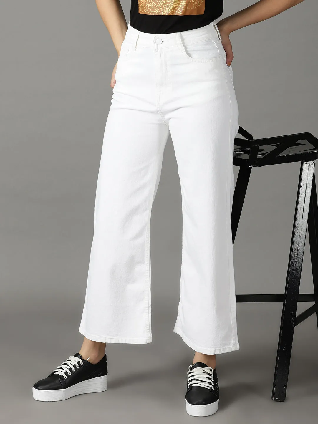 Contemporary Vibe Women's White Wide Leg High-Rise Stretchable Cotton Jeans