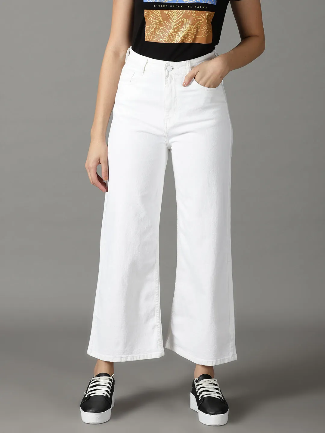 Women's White Wide Leg High-Rise Stretchable Cotton Jeans Tailored Silhouette Premium Cotton Blend
