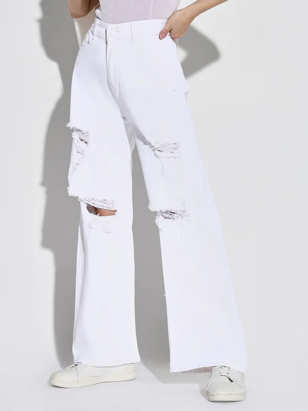 Smart Waistband Women's White Wide Leg Jeans