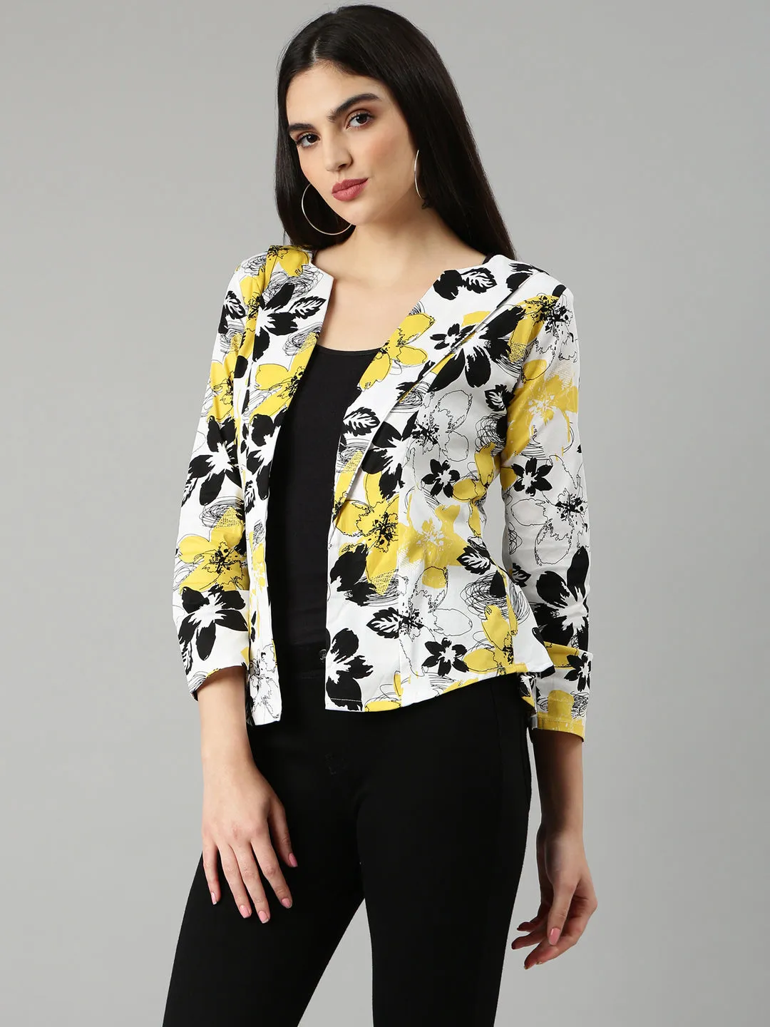 Women's Yellow Floral Printed Slim Fit Single-Breasted Casual Blazer Chic Urban