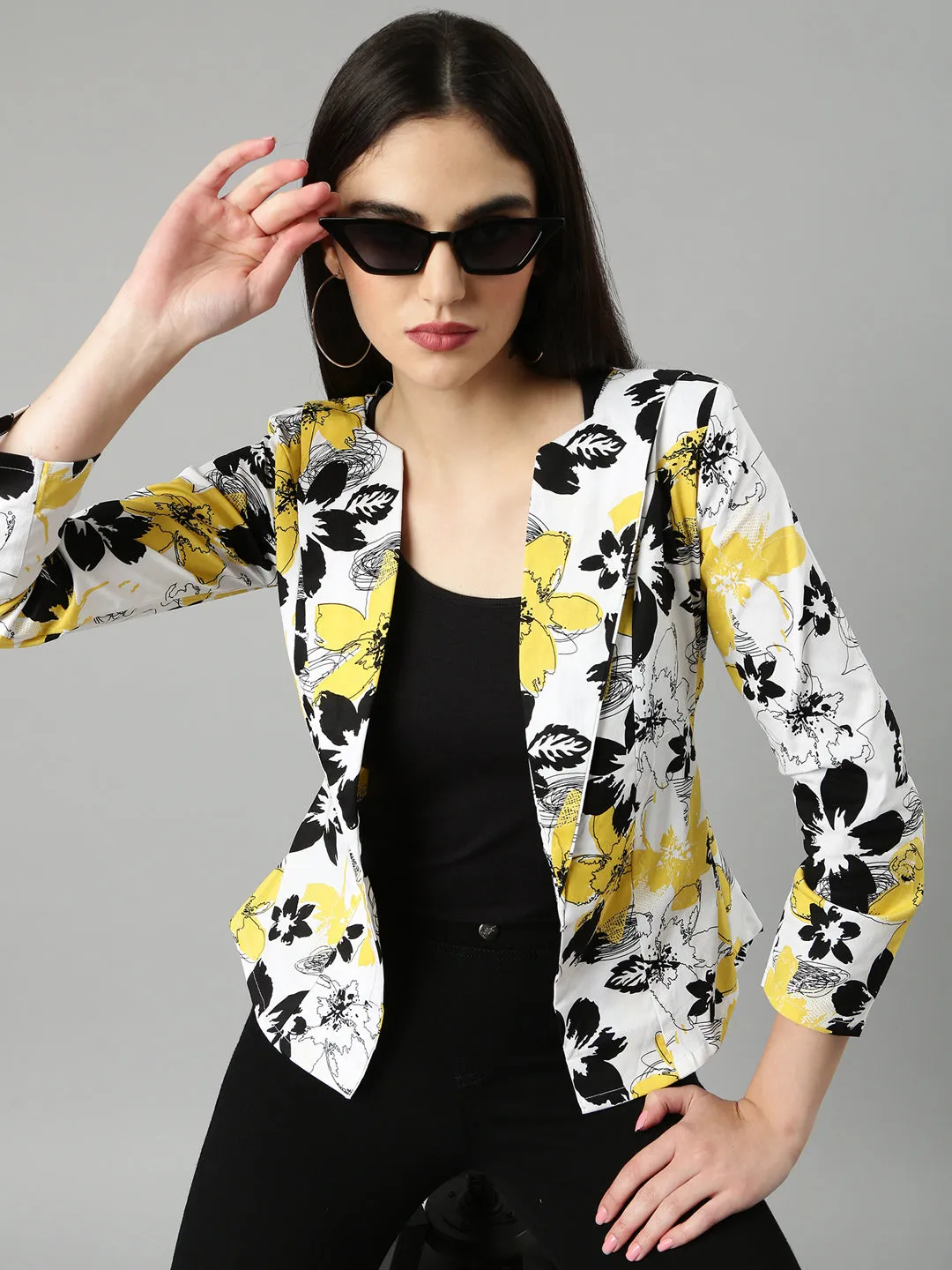 No Collar Ventilated Panels Women's Yellow Floral Printed Slim Fit Single-Breasted Casual Blazer