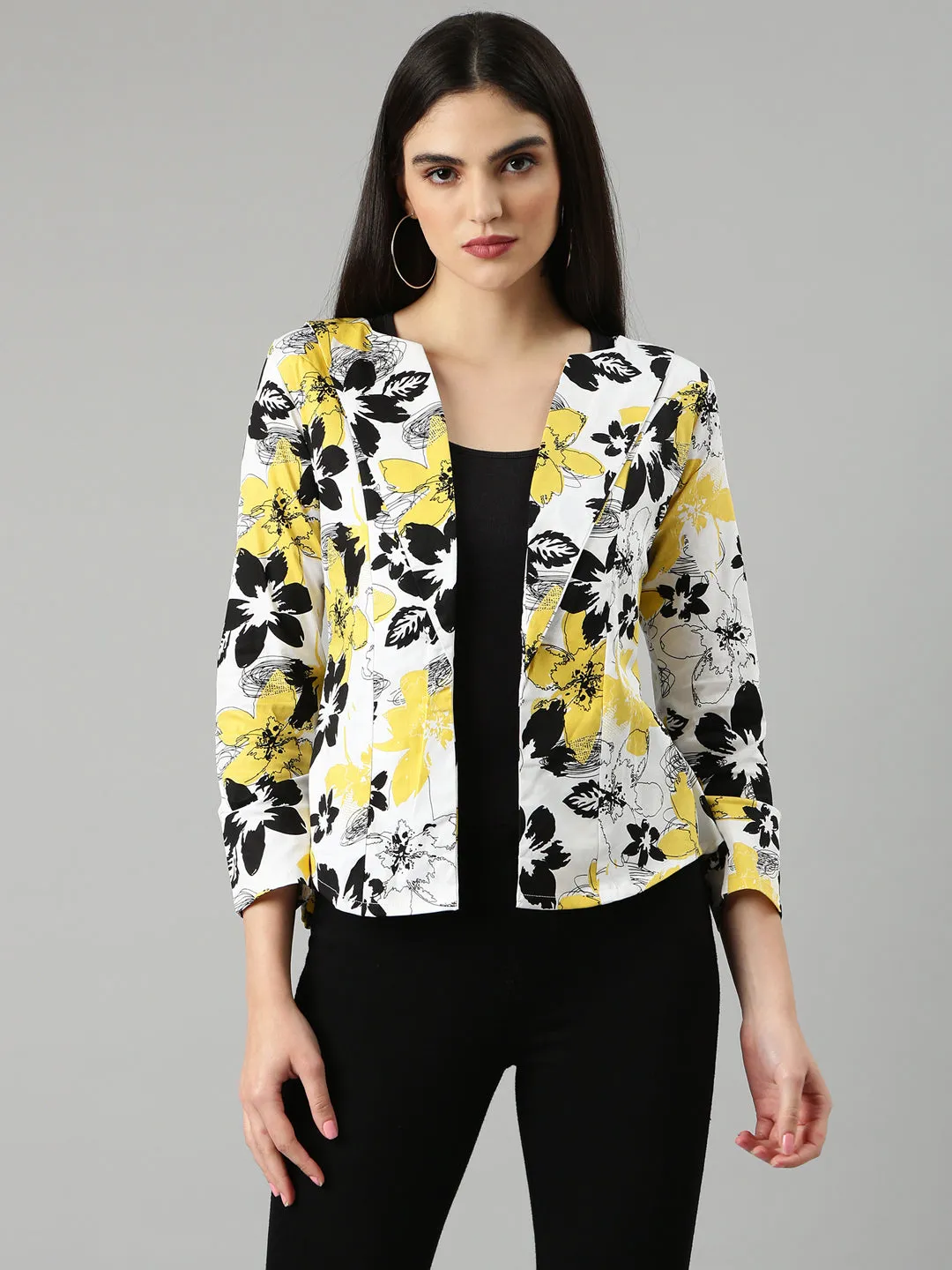 Durable Water Repellent Finish Comfy Street Piece Women's Yellow Floral Printed Slim Fit Single-Breasted Casual Blazer