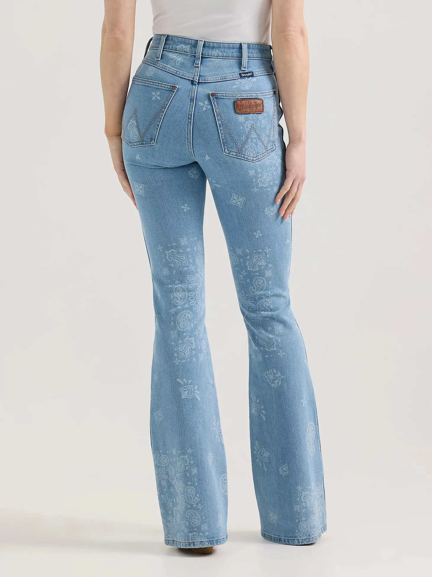 Wrangler Retro Women's Bailey High Rise Paisley Printed Flare Jean in Light Wash Multi Layer Knee Reinforcement Durable Summer Vibes