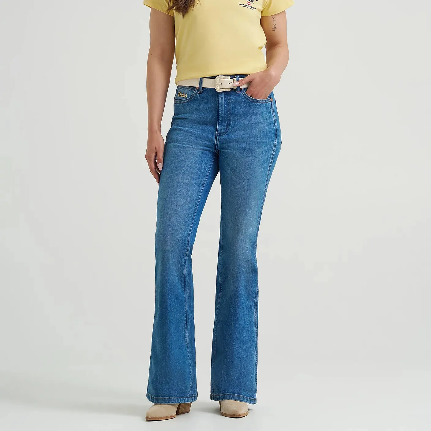 Wrangler Retro x Coors Women's Bailey High Rise Flare Jean in Golden Blue Always Needed Casual Friday Urban Explorer