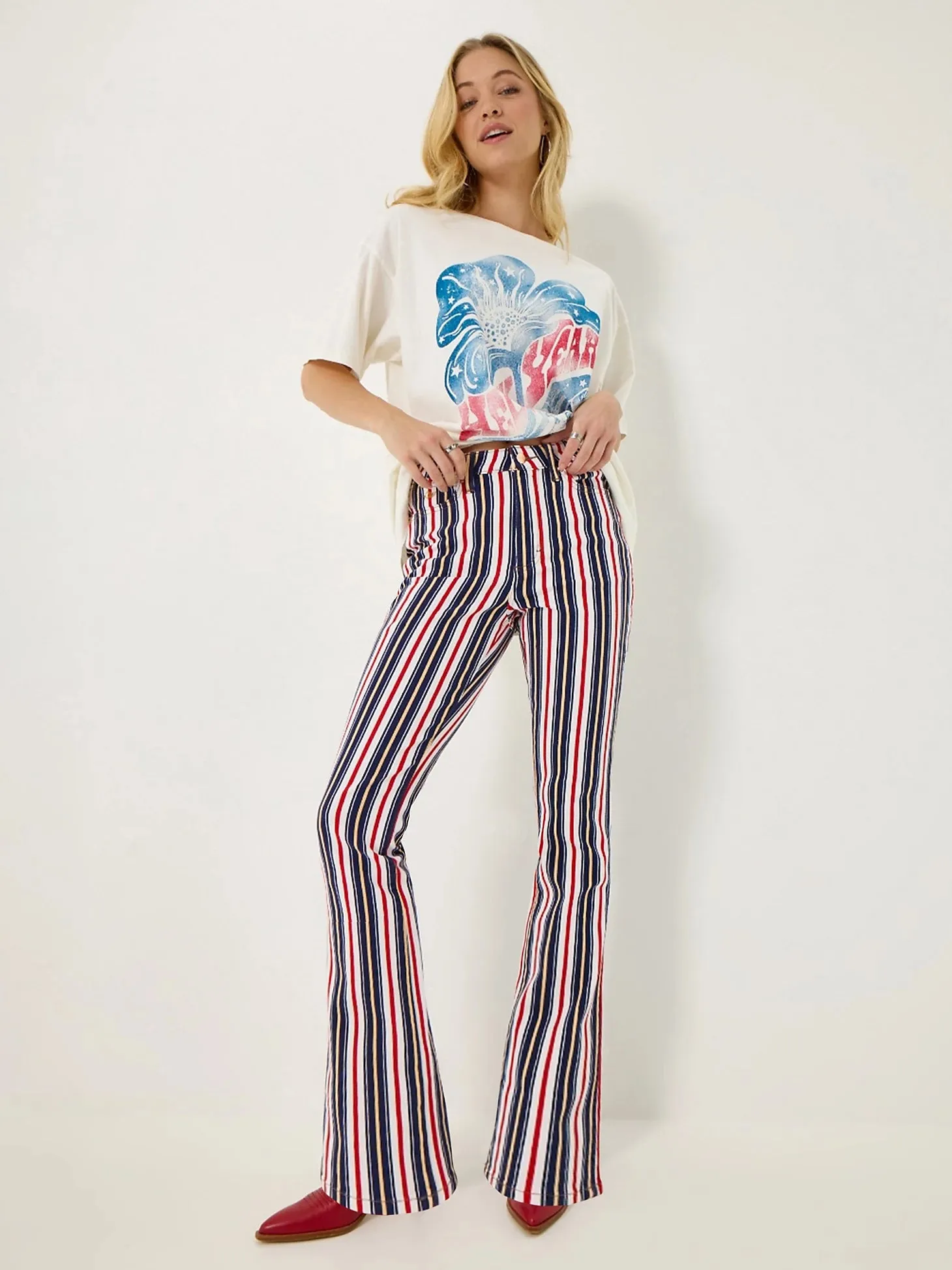 Wrangler x Lainey Wilson Striped Flare Jean in Star Spangled Stripe Chic Comfort Balanced Look