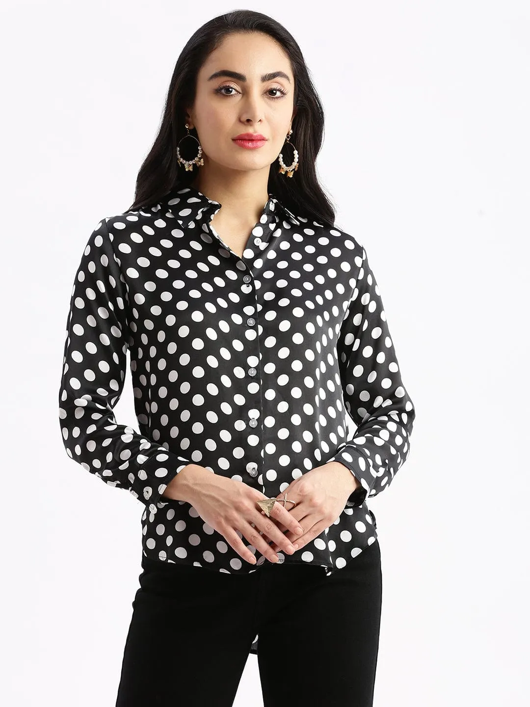 Women's Black Standard Slim Fit Polka Dot Opaque Printed Casual Shirt Minimalist Stitching Timeless Comfort Wear