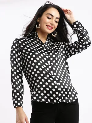 Women's Black Standard Slim Fit Polka Dot Opaque Printed Casual Shirt Smooth Finish Simple Chic