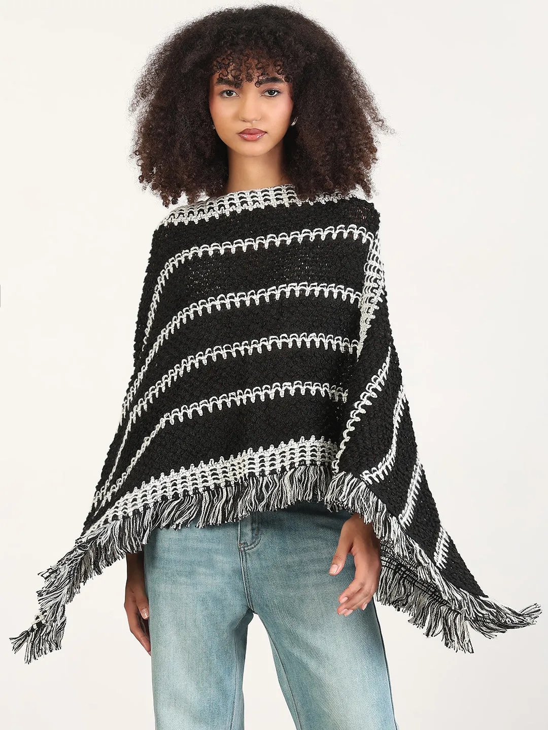Women's Striped Black Fringed Edge Poncho Machine washable HighElasticity Fabric