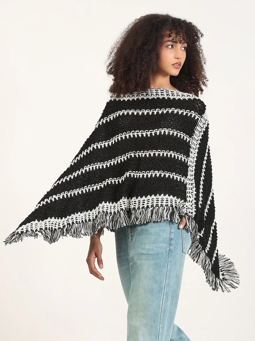 Core Style AntiSnag Yarn Technology Women's Striped Black Fringed Edge Poncho