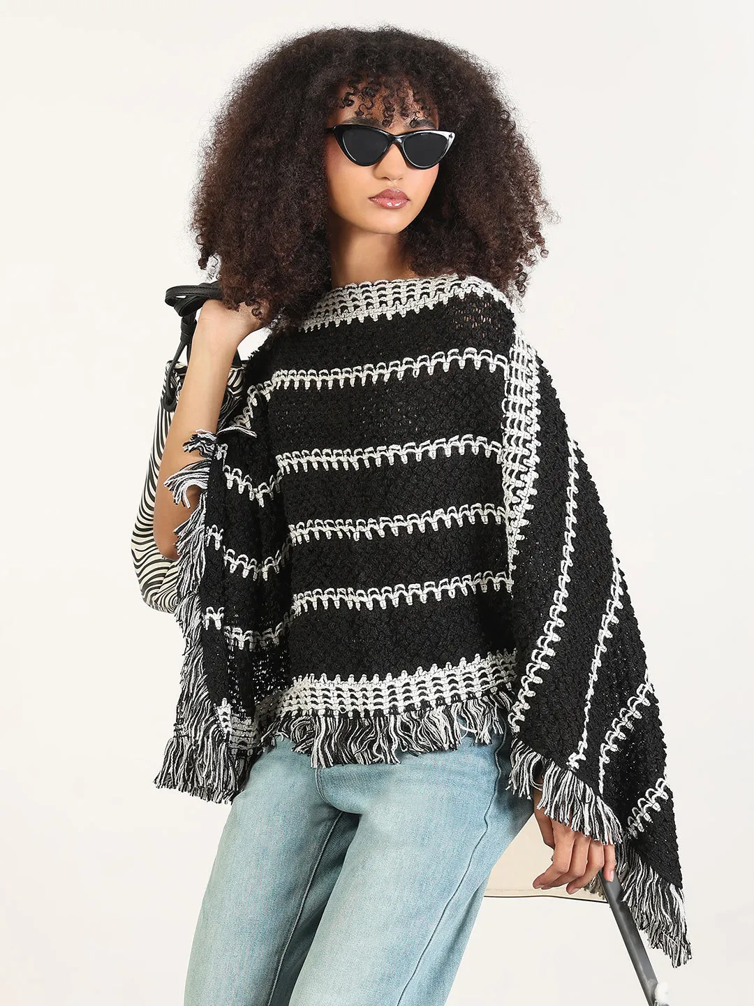 VeganFriendly Material UPF Protection Women's Striped Black Fringed Edge Poncho