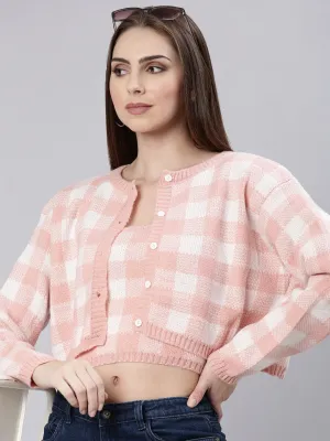 Waffle Knit Texture Women's Peach Checked Cardigan