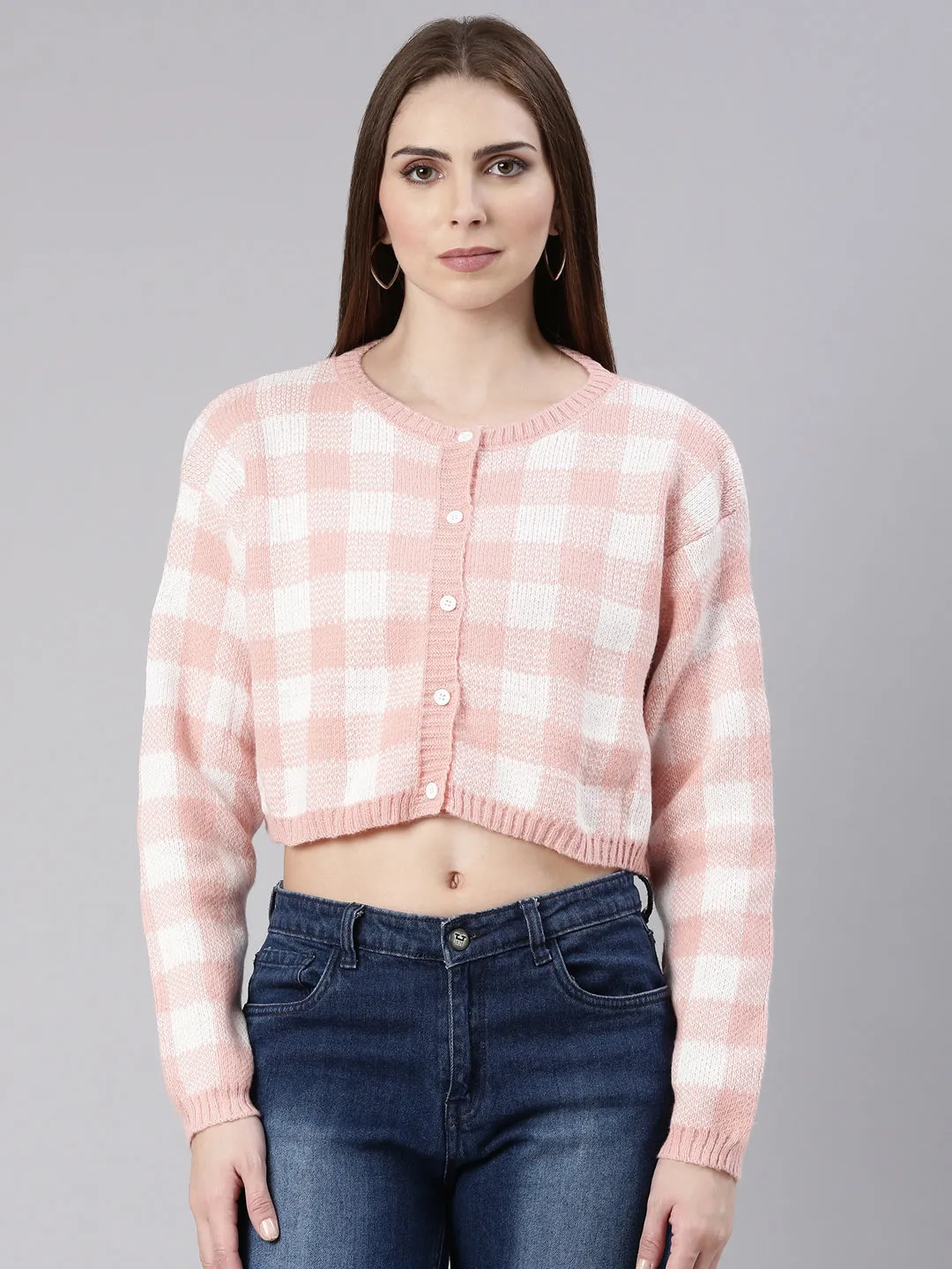 City Casual Style Women's Peach Checked Cardigan