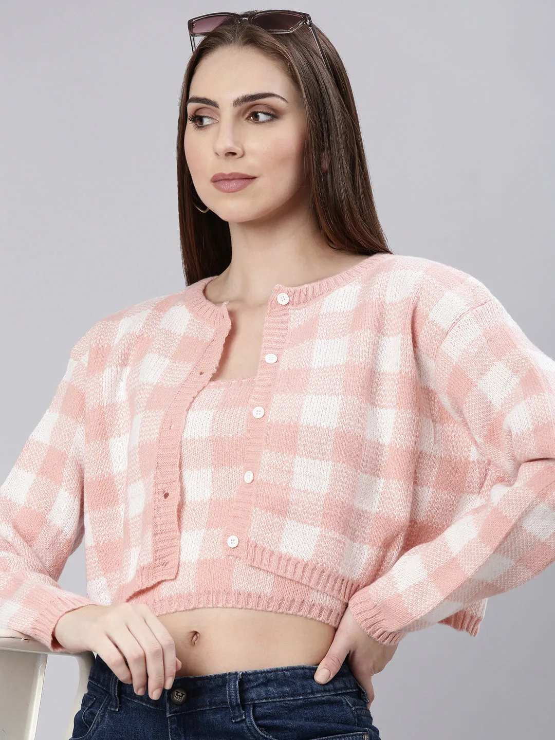 Waffle Knit Texture Women's Peach Checked Cardigan