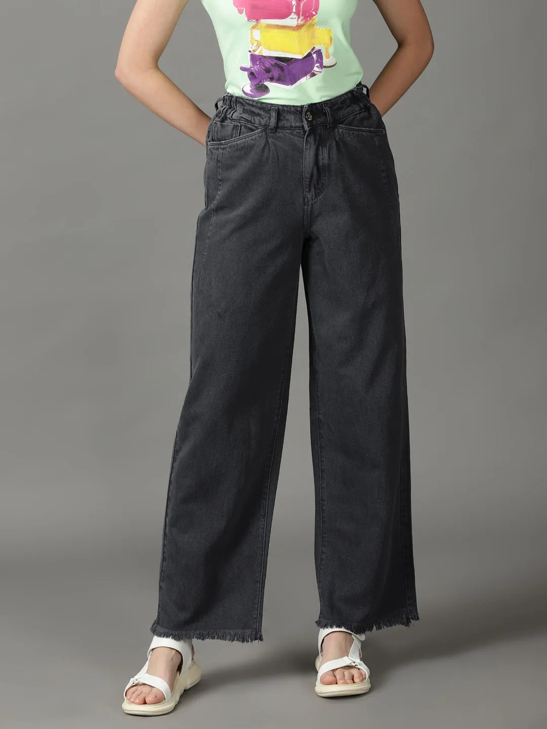 UltraSoft Lining Secure Closure System Women's Grey Wide Leg High-Rise Cotton Jeans