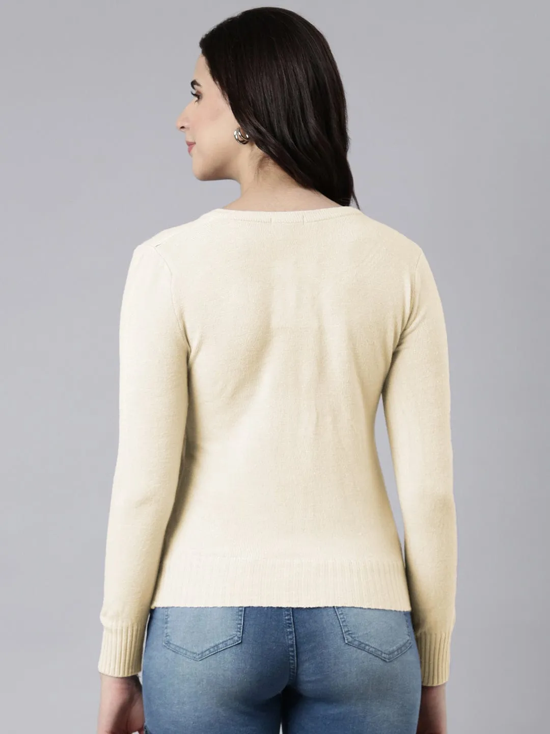 Compact Knit Structure Fall Fashion Women's Off White Button-Down V-Neck Cardigan Sweater