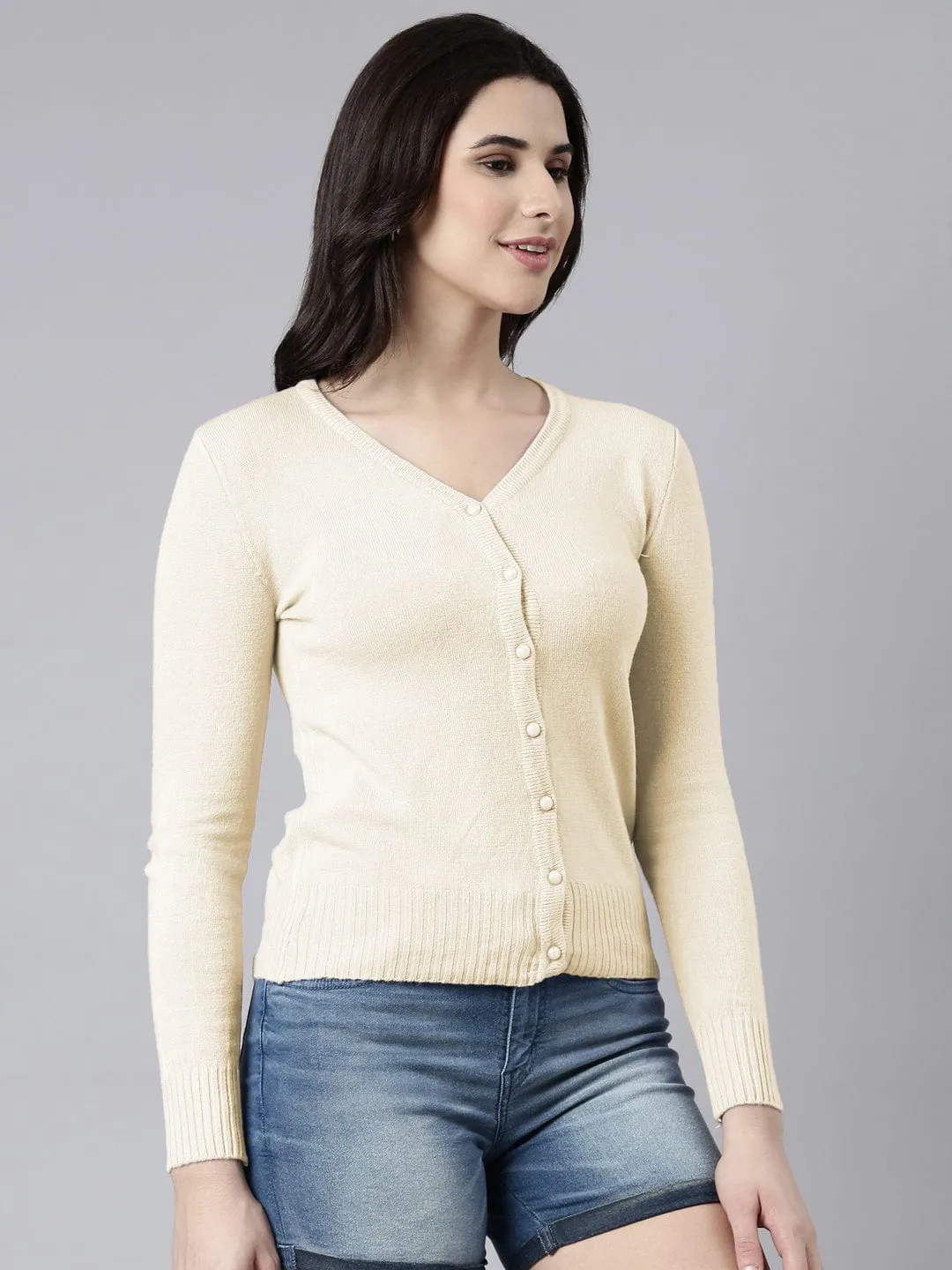 Women's Off White Button-Down V-Neck Cardigan Sweater Ready Style