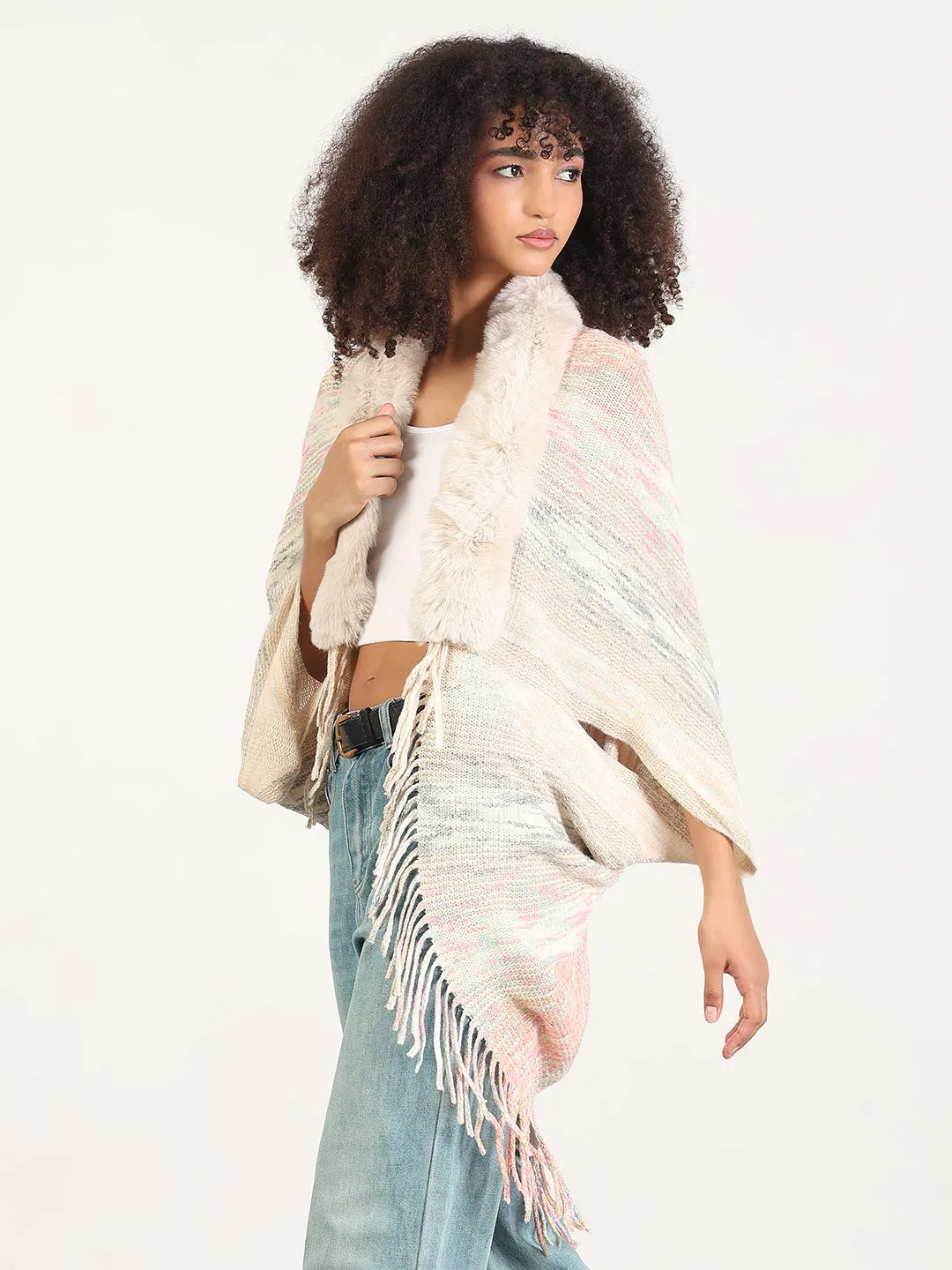 Women's Solid Cream Fringed Edge Poncho Versatile Casual Look