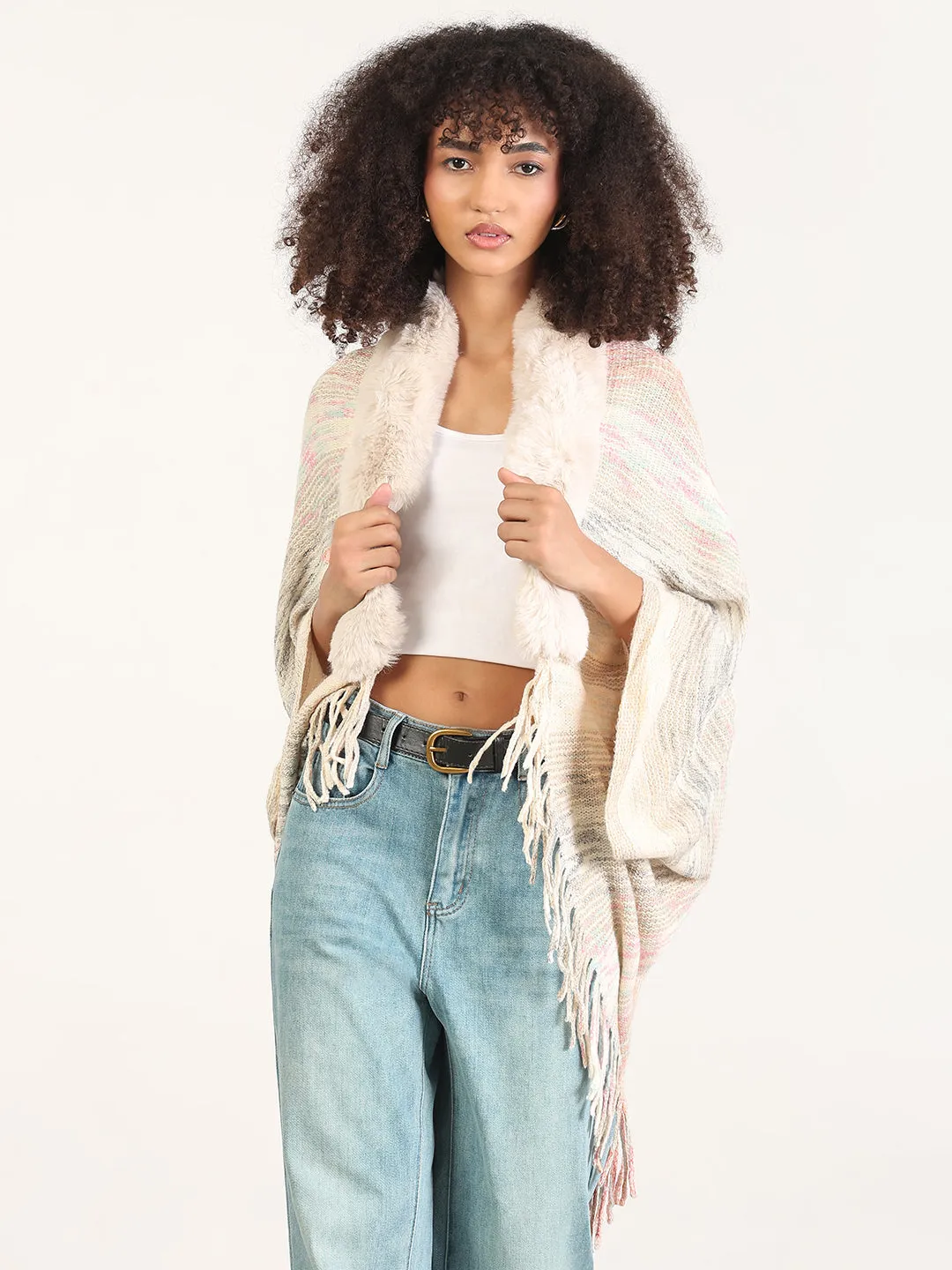 Women's Solid Cream Fringed Edge Poncho early morning