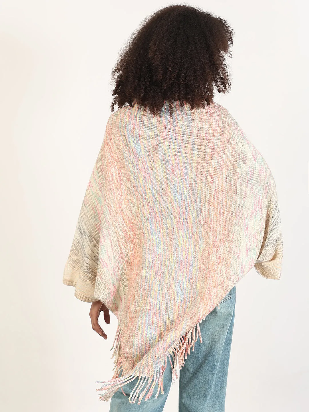 Sustainable Dye Process Women's Solid Cream Fringed Edge Poncho
