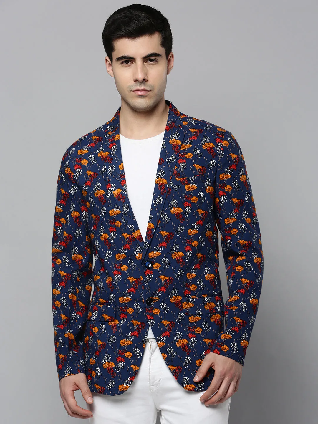 Men's Navy Blue Printed Slim-Fit Single-Breasted Blazer Long Lasting Shape Retention
